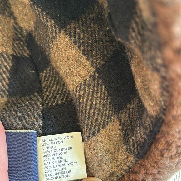 Ear-Flap Hat Blue Wool brown cableknit plaid flannel lined S/M Gap Vintage - Picture 9 of 12
